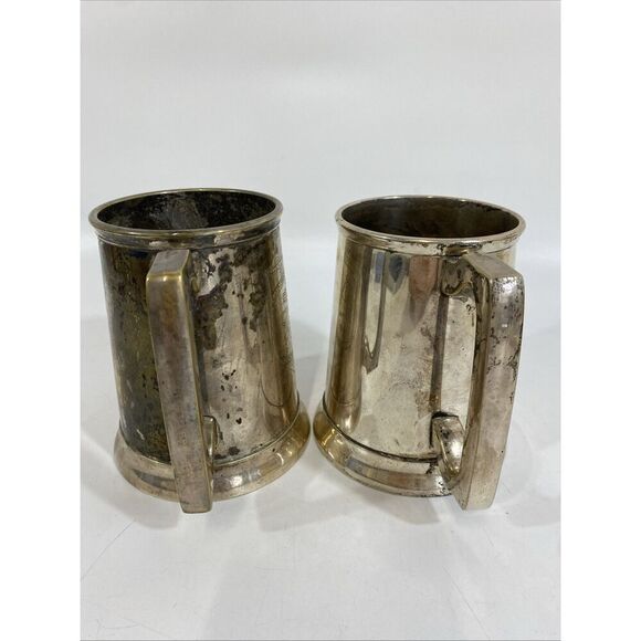 Antique Pair Silverplate British Stein Tankard Hand Etched Lion Crest Guild - Picture 7 of 15